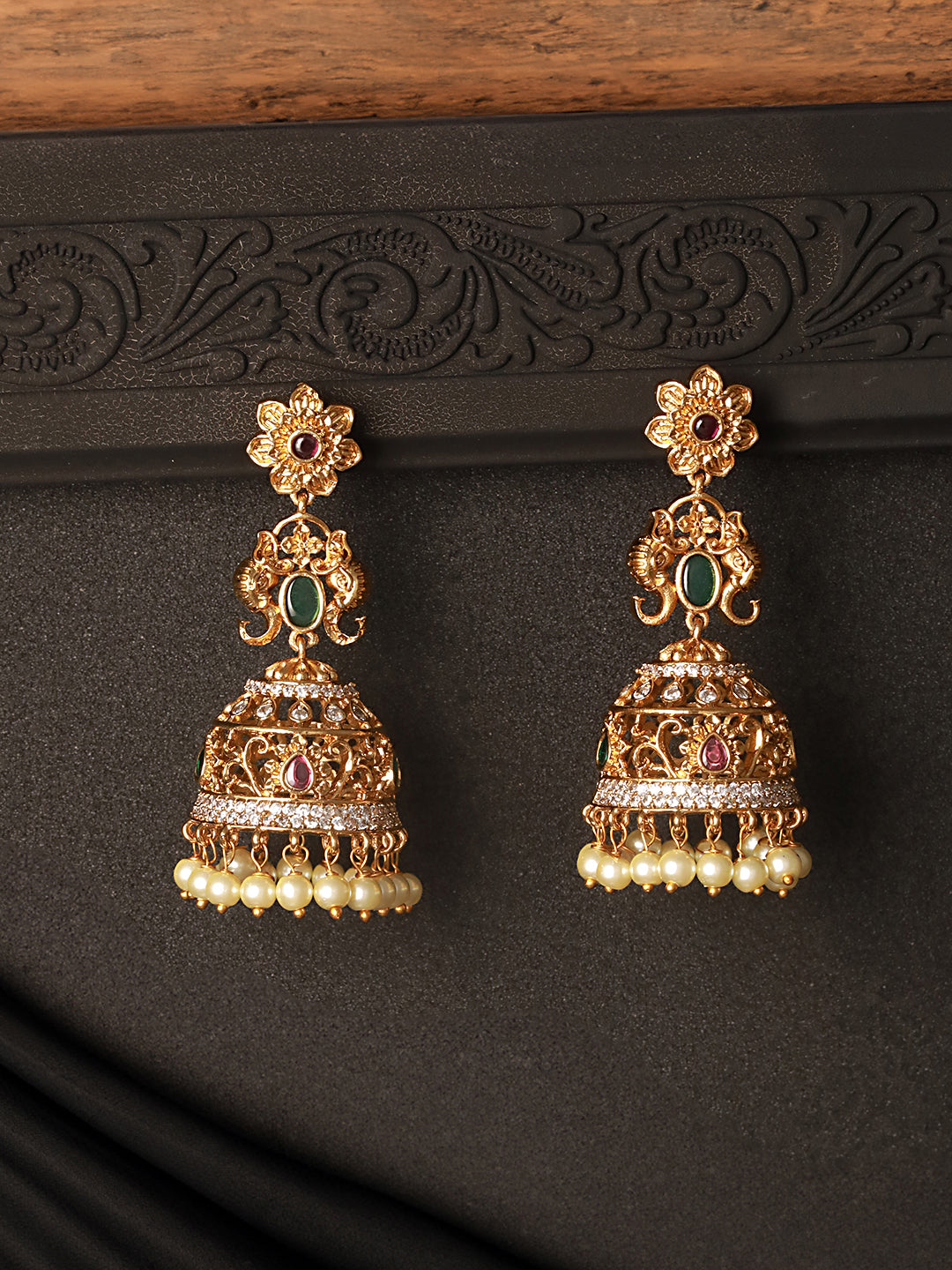 Antique Gold Polish  Zircon Studded Pearl Beaded  Floral Dangling   Earring